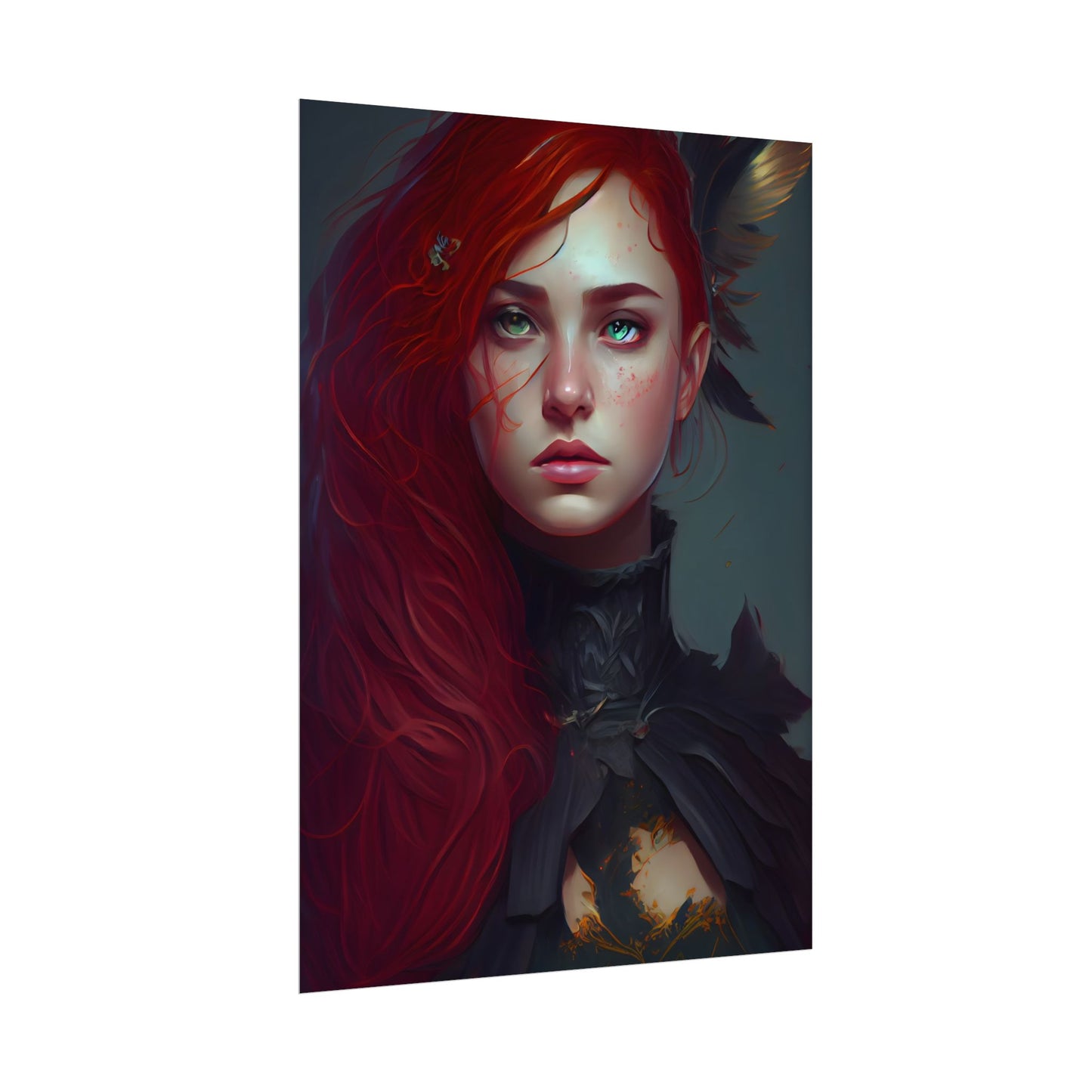 Vibrant Female Portrait: Red Hair Beauty in Neutral Dress - Poster