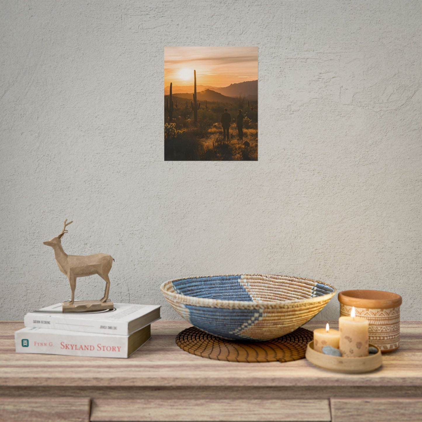Desert Sunset Serenity: Two Friends Standing Together - Poster