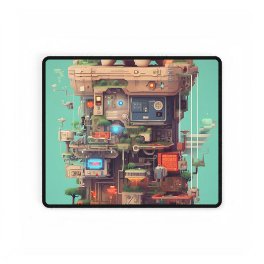 Pixelated Cyber-Pet Adventures: Whimsical Cat in Front of Computer - Desk Mat