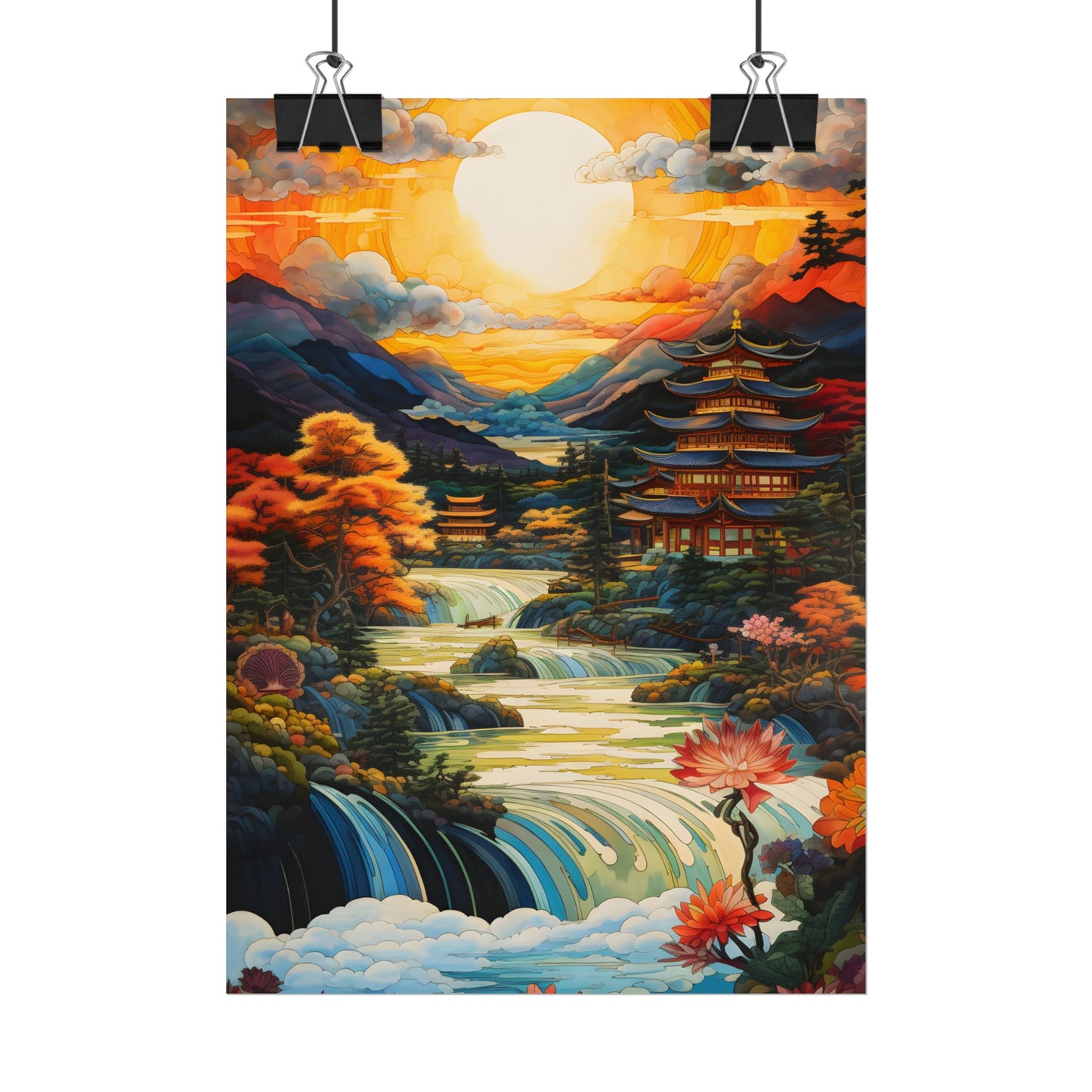 Peaceful Japanese River Landscape with Flowers: Serene Artwork - Poster