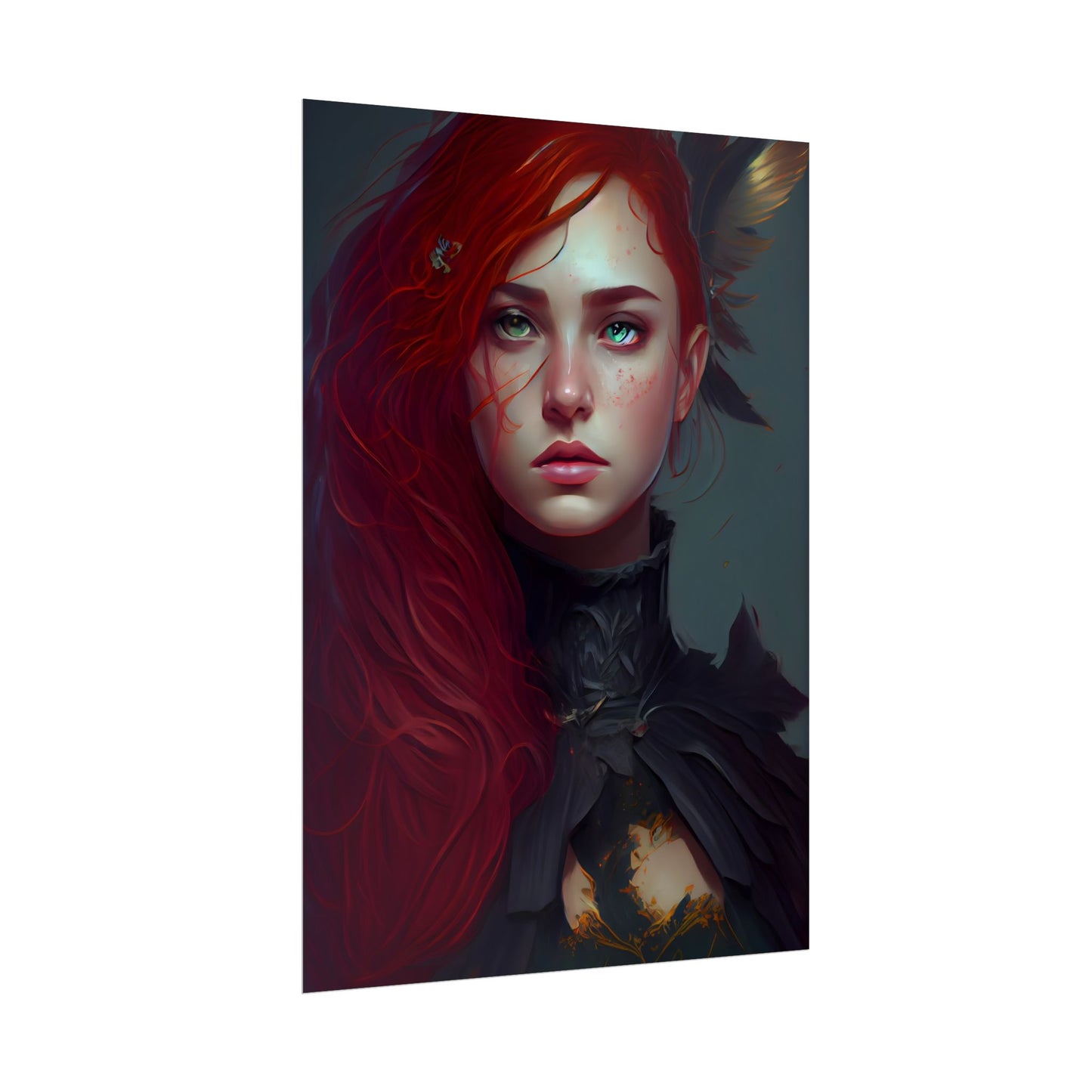 Vibrant Female Portrait: Red Hair Beauty in Neutral Dress - Poster
