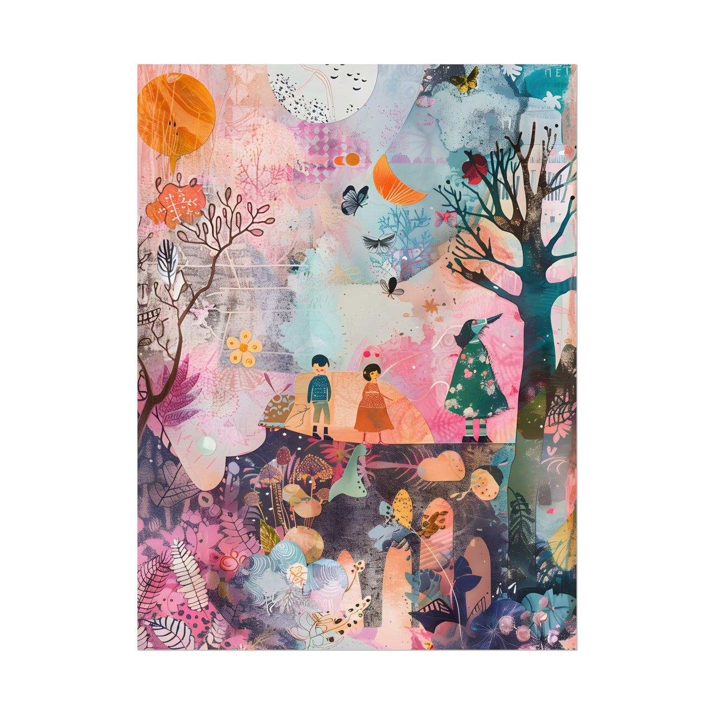 Colorful Whimsy: Blue Fish, Yellow Bird, Pink Cat Art Collage - Poster