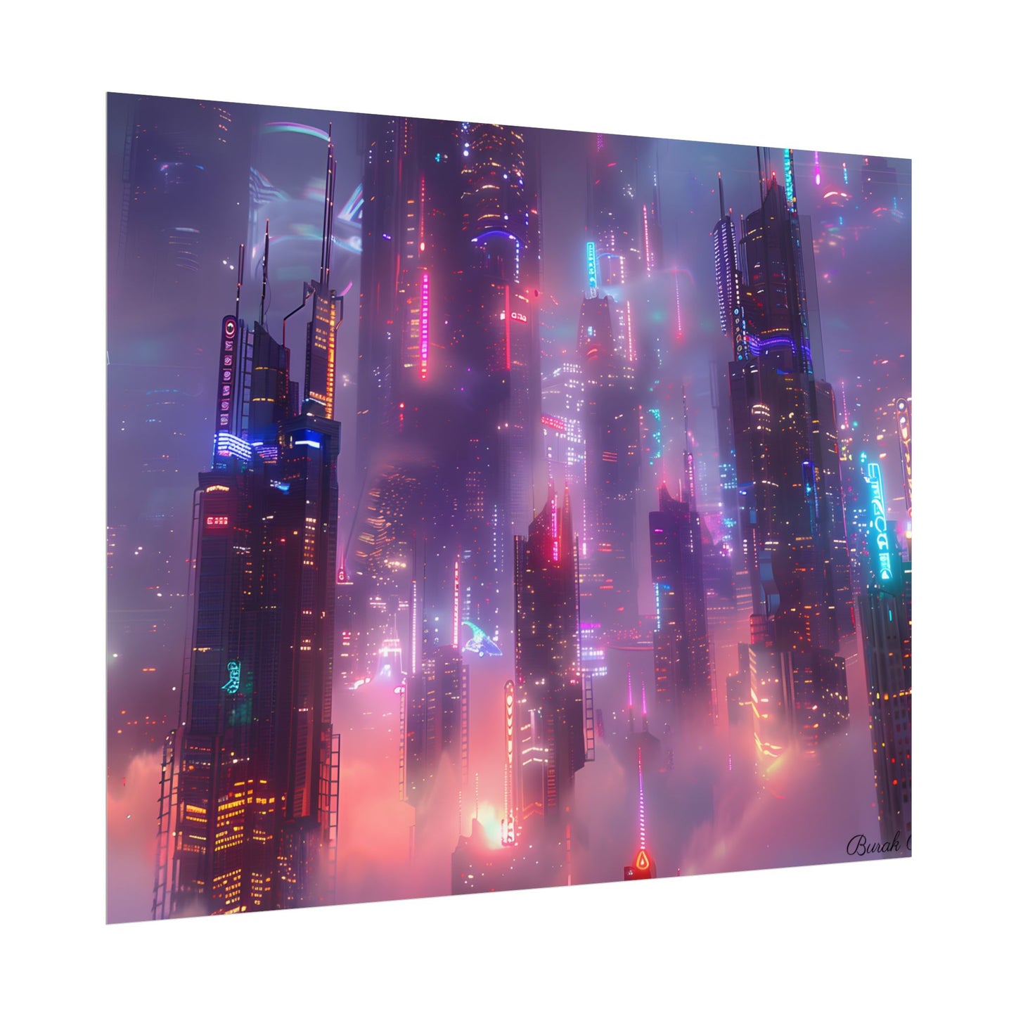 Neon Futuristic Cityscape: Graphic Modern Art - Poster