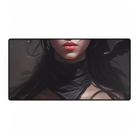 Female Portrait: Black Hair Artwork in Dark Background - Desk Mat