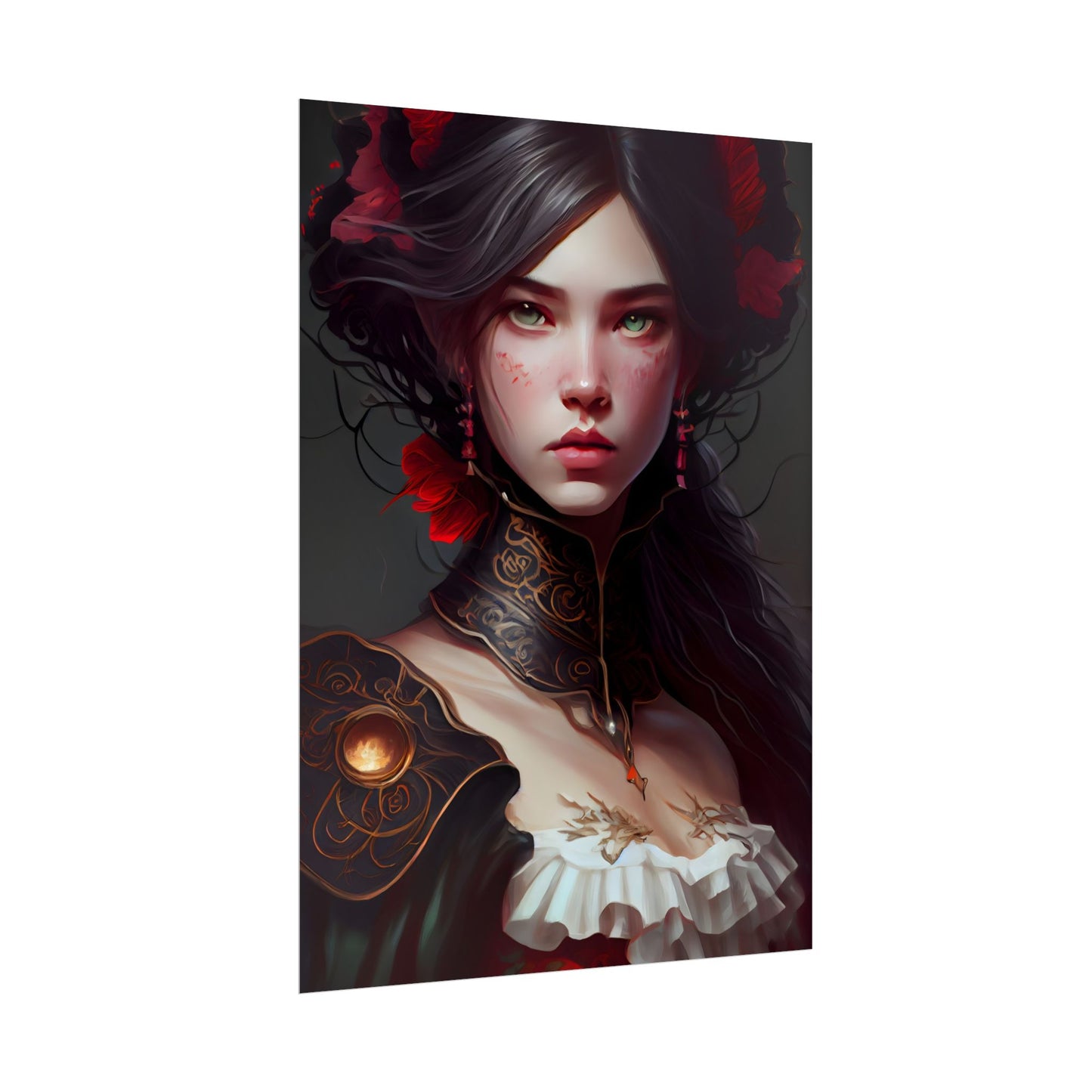 Elegant Black Hair Portrait in White Dress - Poster