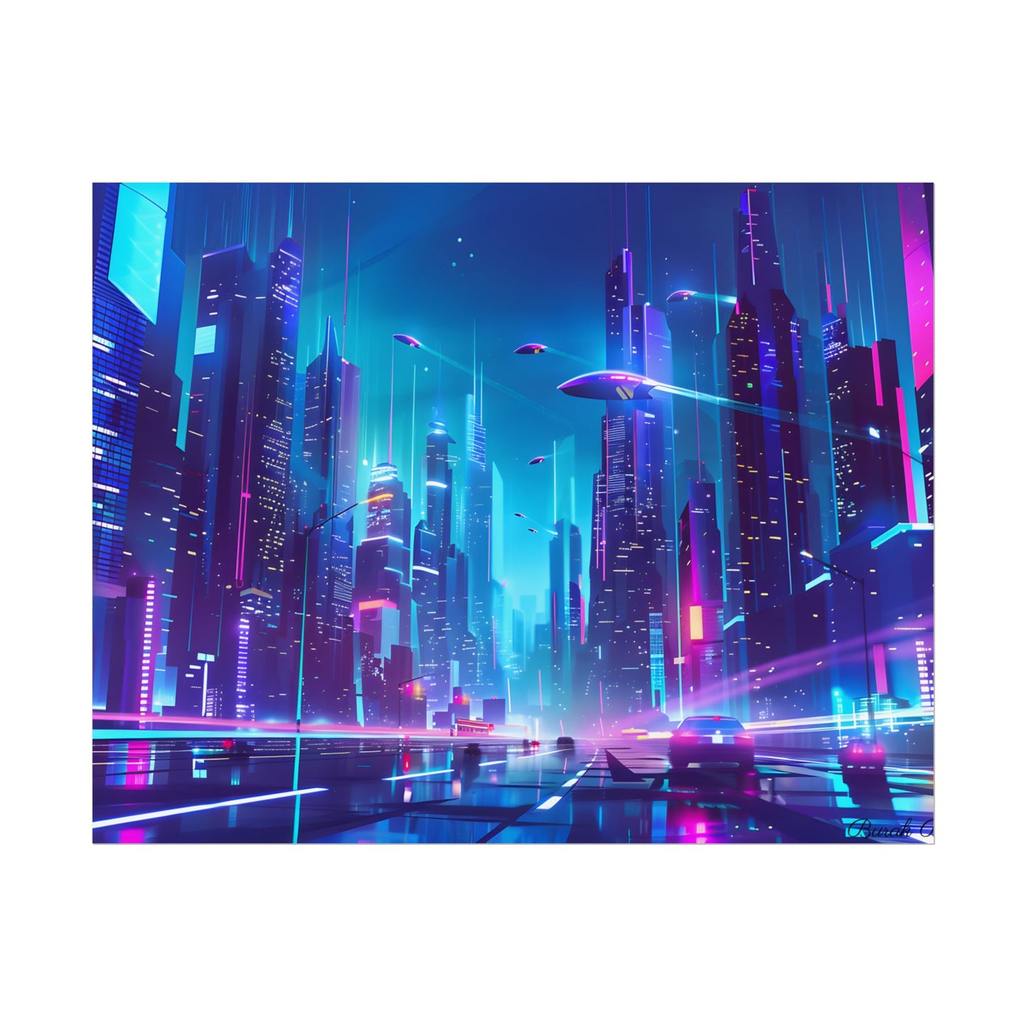 Futuristic Neon City: Towering Skyscrapers in a Vibrant Nighttime Sky - Poster