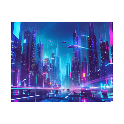 Futuristic Neon City: Towering Skyscrapers in a Vibrant Nighttime Sky - Poster