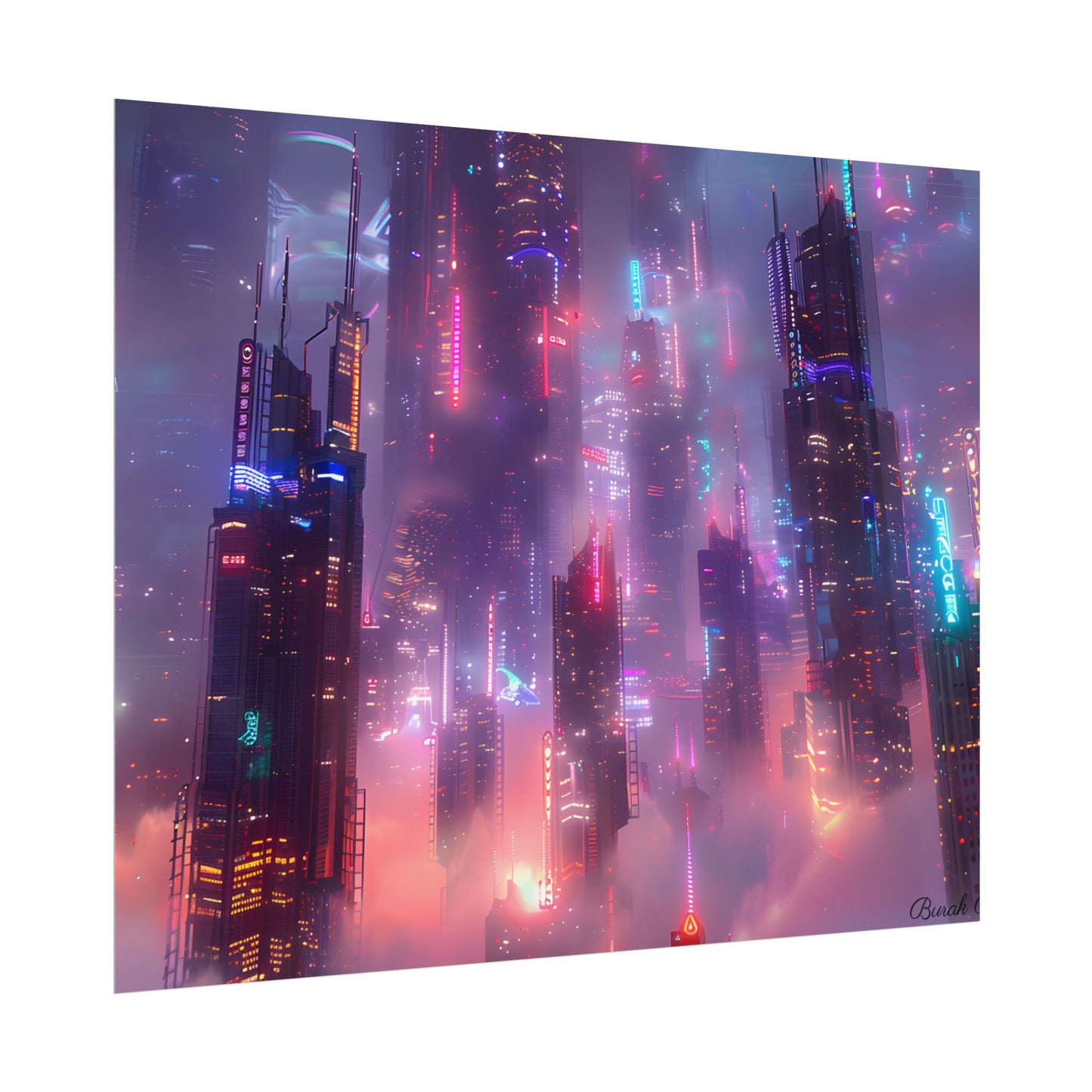 Neon Futuristic Cityscape: Graphic Modern Art - Poster