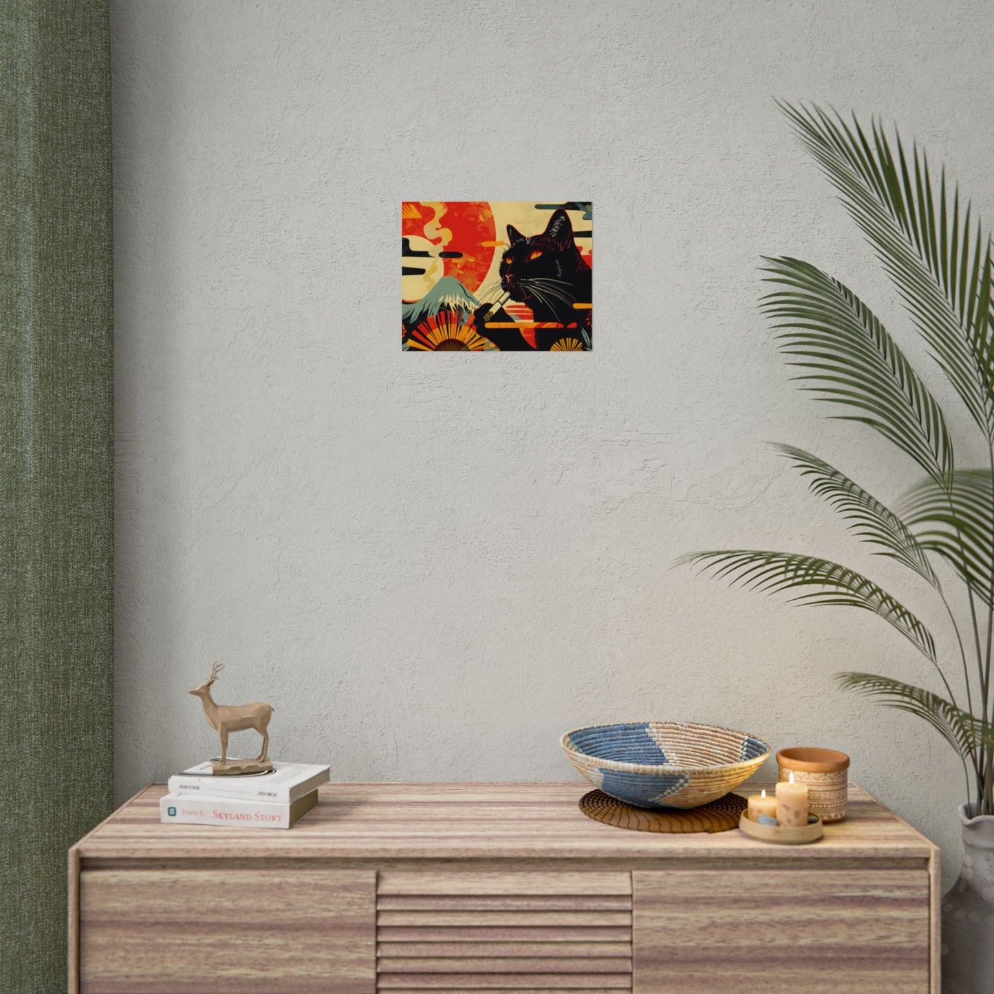 Whimsical Cat Smoking: Red & White Stripe Artwork - Poster