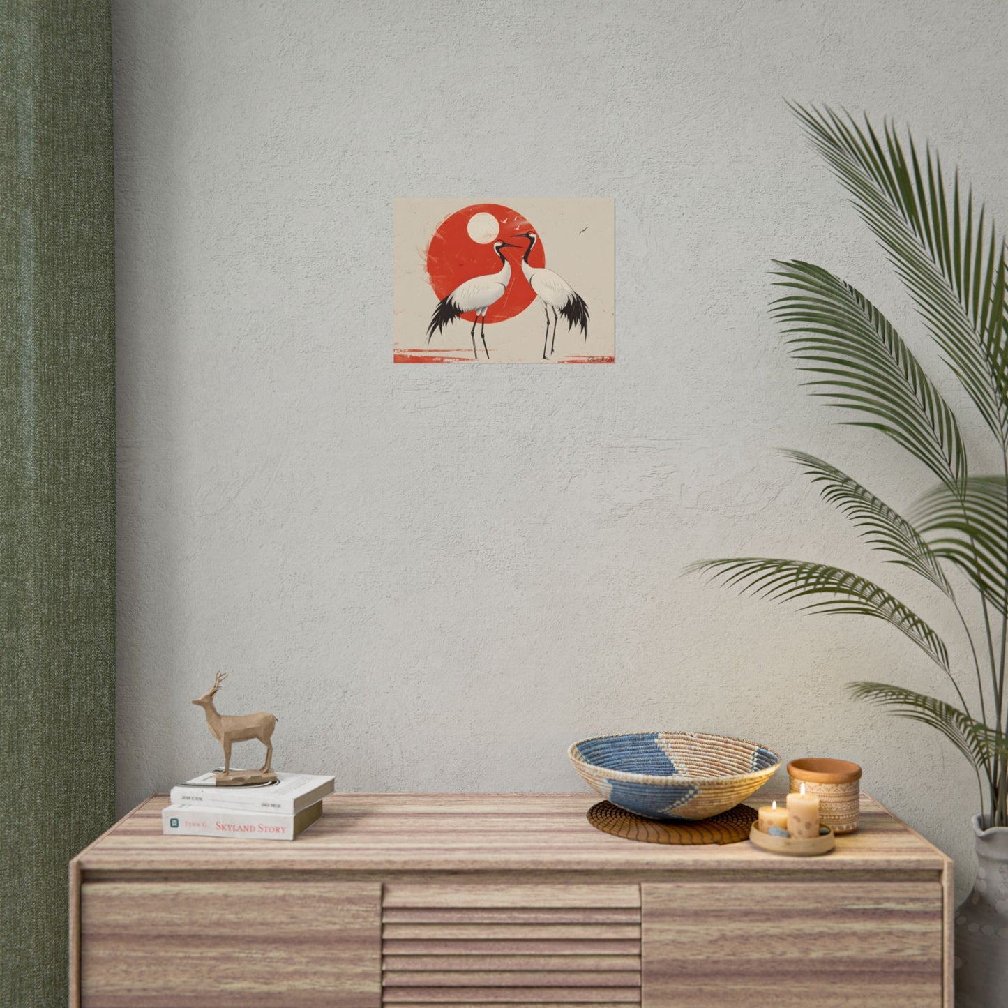 Serene Wildlife Sanctuary: Cranes in Red Nature Scene Art - Poster