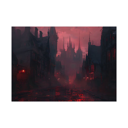Dark Gothic Cityscape: A Serene Misty Dusk Scene - Poster