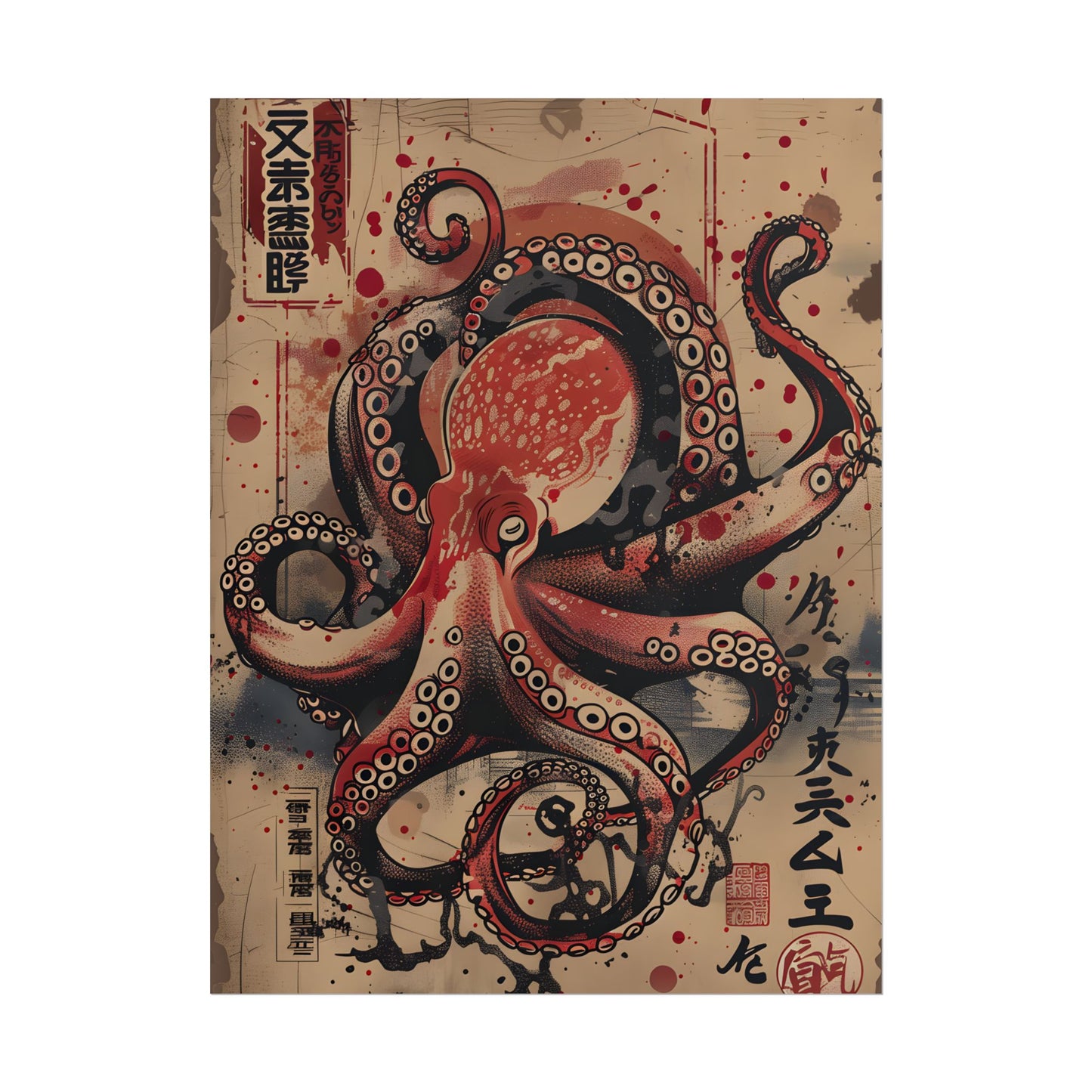 Stylized Octopus in Ukiyo-E Style: Japanese Artwork - Poster