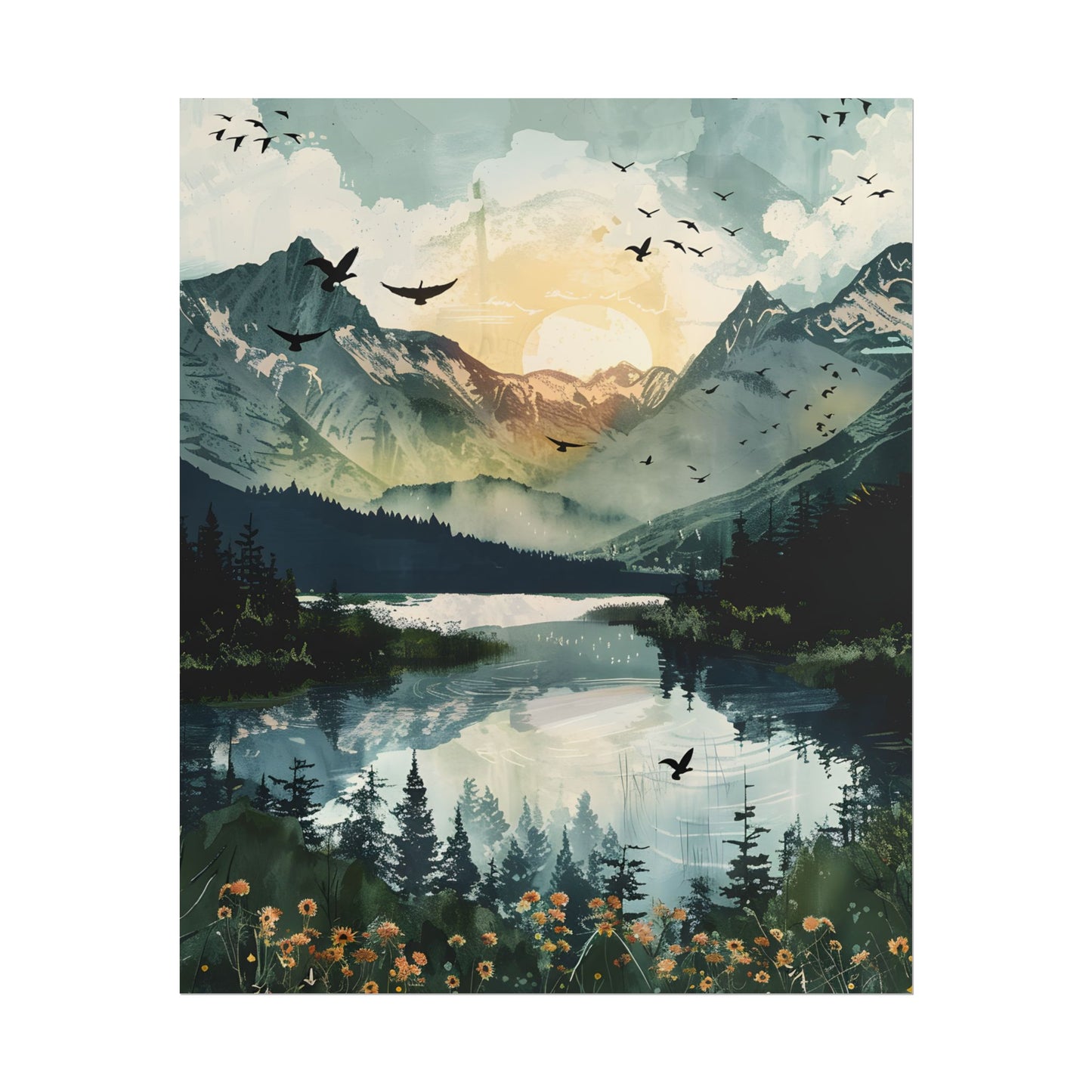 Serene Mountain Lake: Birds in Flight - Natural Art - Poster