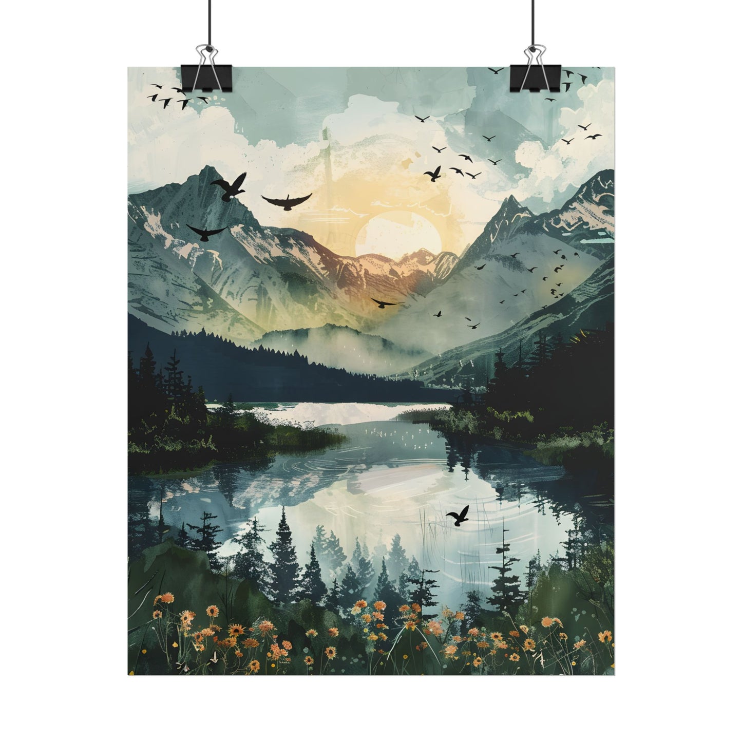 Serene Mountain Lake: Birds in Flight - Natural Art - Poster