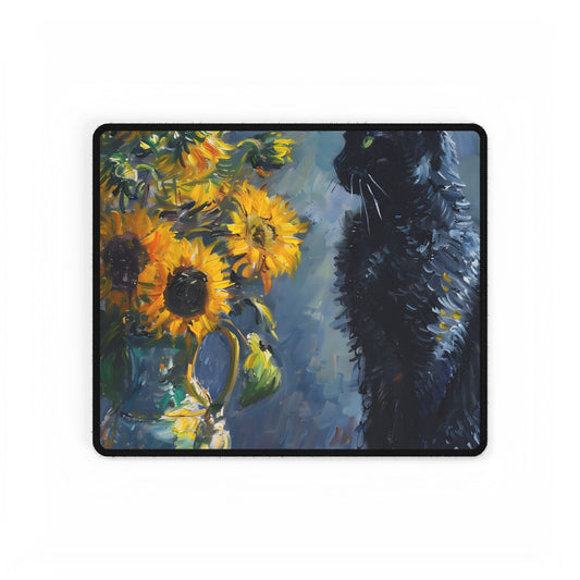 Whimsical Black Cat by Sunflowers: Serene Garden Art - Desk Mat