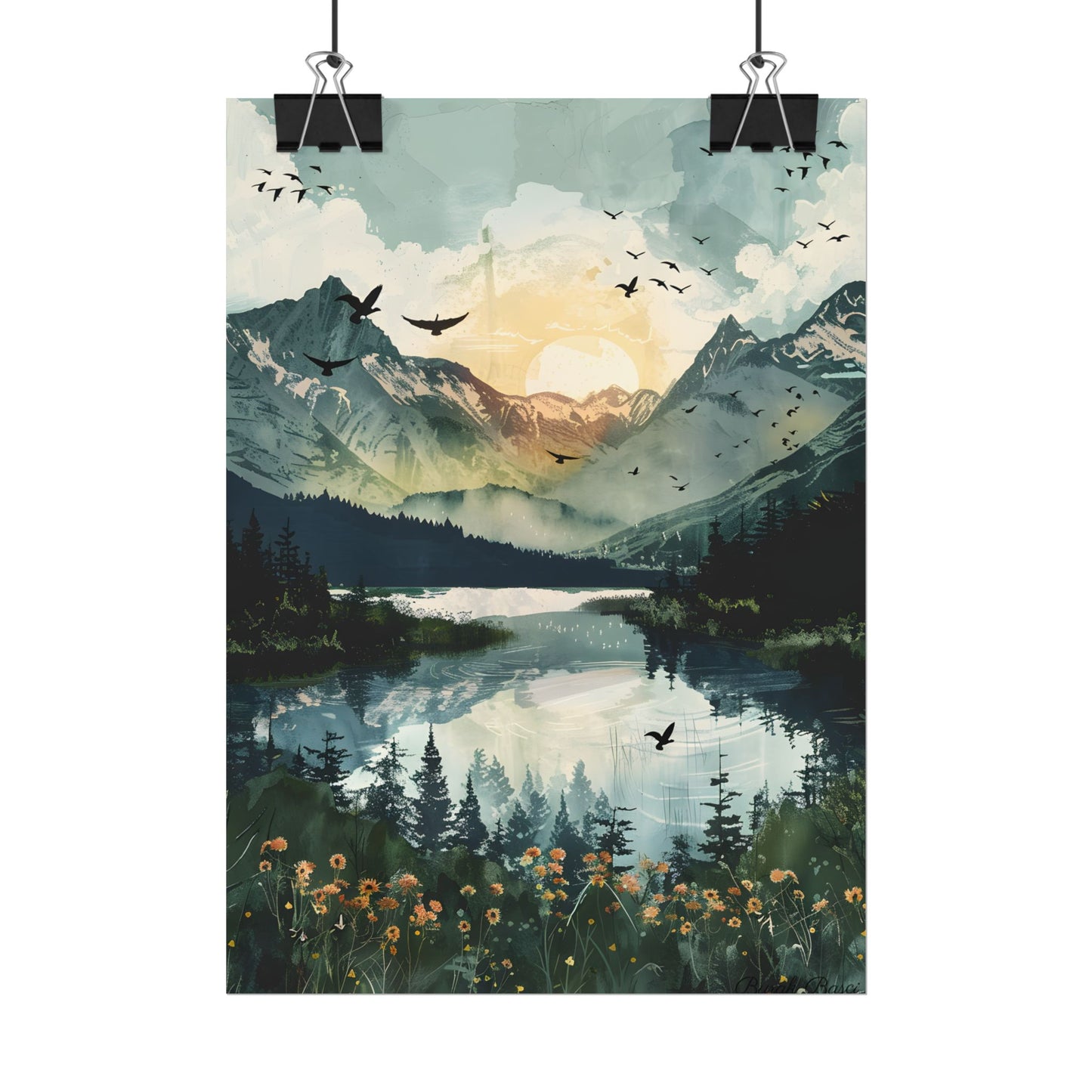 Serene Mountain Lake: Birds in Flight - Natural Art - Poster