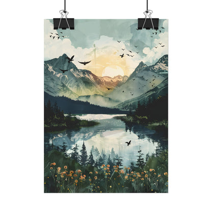 Serene Mountain Lake: Birds in Flight - Natural Art - Poster