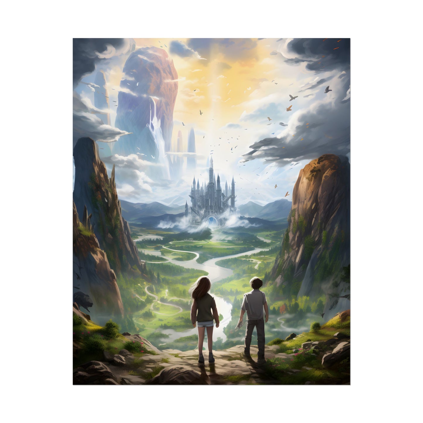 Girl and Boy in Serene Meadow: A Moment on Cloudy Hill - Poster