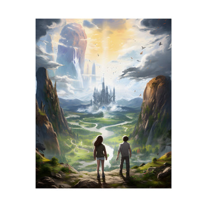 Girl and Boy in Serene Meadow: A Moment on Cloudy Hill - Poster