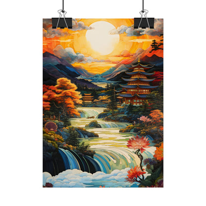 Peaceful Japanese River Landscape with Flowers: Serene Artwork - Poster