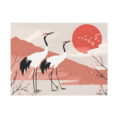 Serene Landscape with Cranes: Peaceful Nature Art - Poster