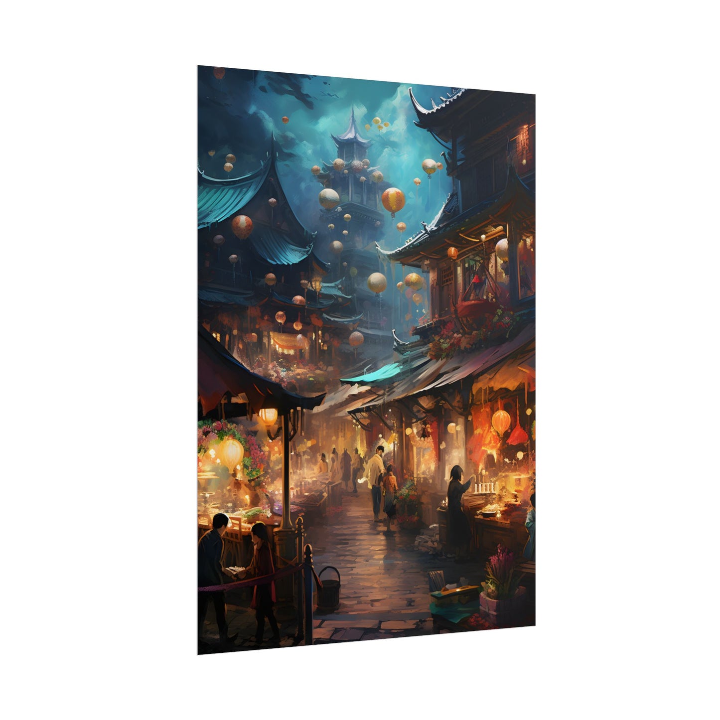 Enchanted Street Food Market: Vibrant Evening Artwork - Poster