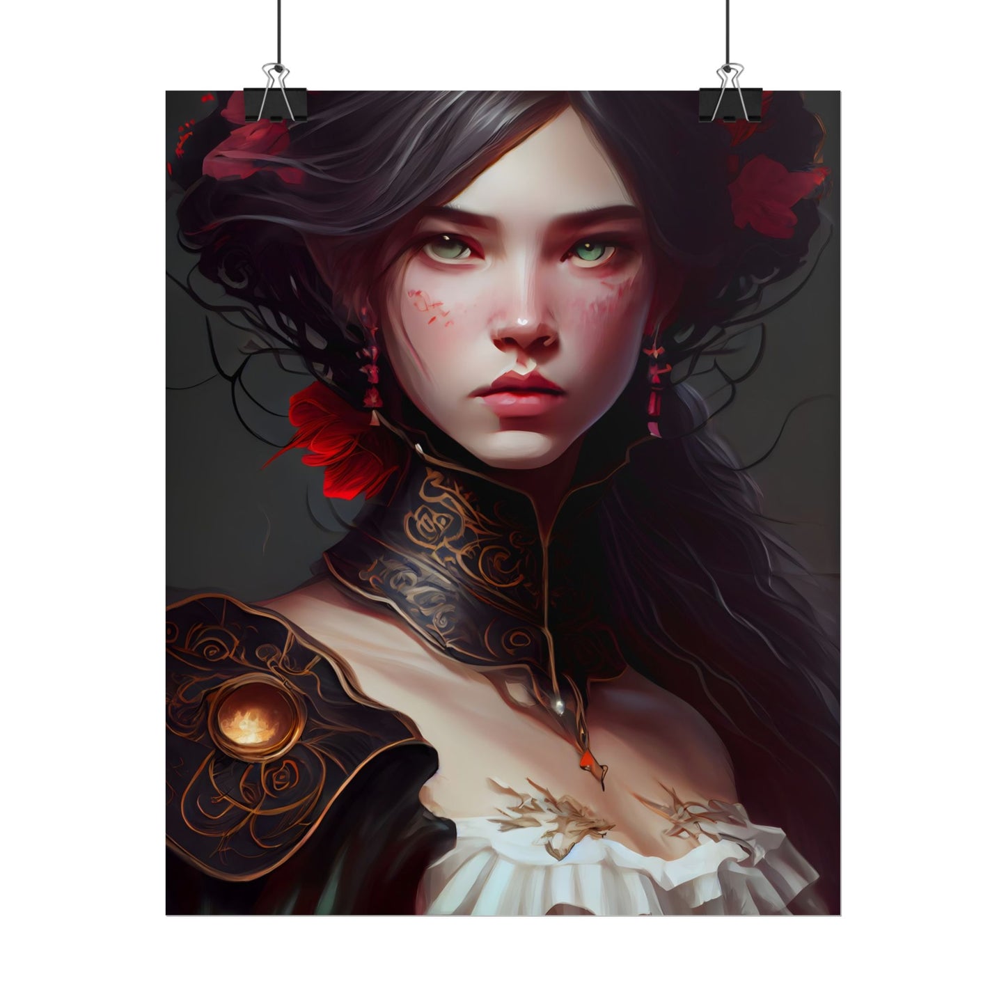 Elegant Black Hair Portrait in White Dress - Poster