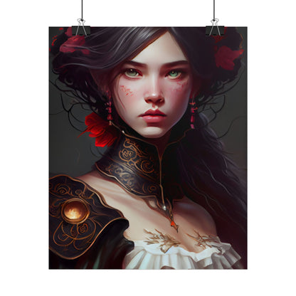 Elegant Black Hair Portrait in White Dress - Poster