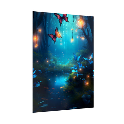 Moonlit Night Forest: Glowing Foggy Fantasy Bokeh Art - Poster