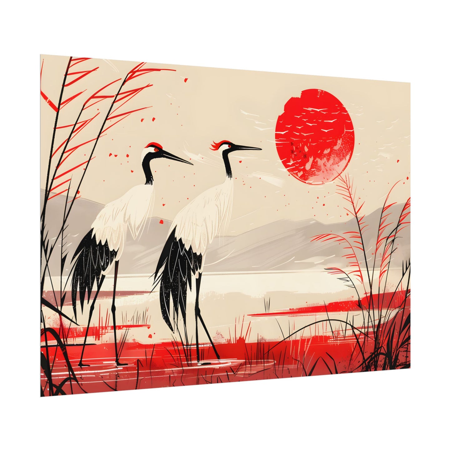 Peaceful Cranes in Serene Nature: Landscape Artwork - Poster