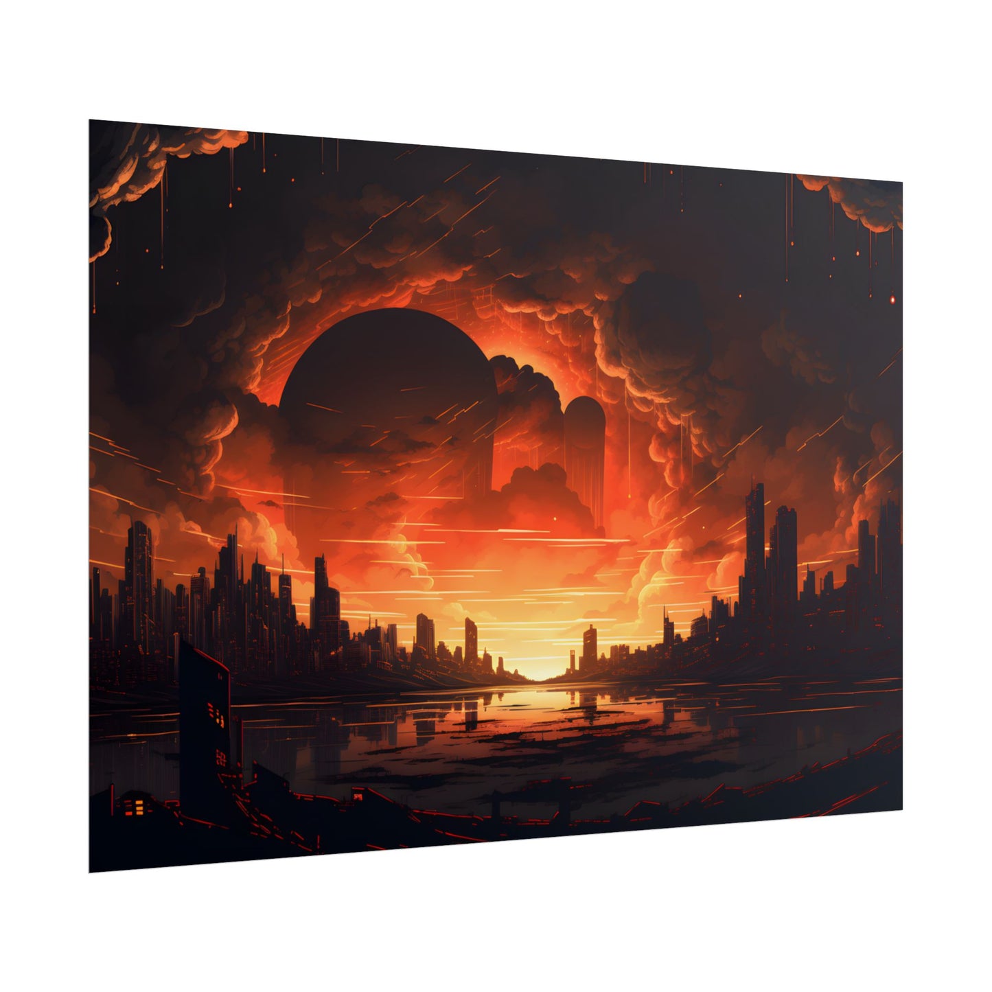 Futuristic Cyberpunk Night: Burning Cityscape Landscape Art - Poster