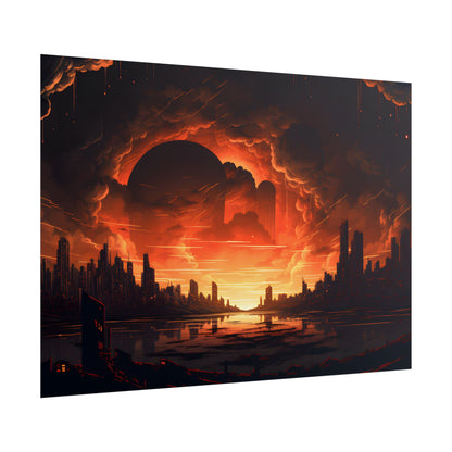Futuristic Cyberpunk Night: Burning Cityscape Landscape Art - Poster