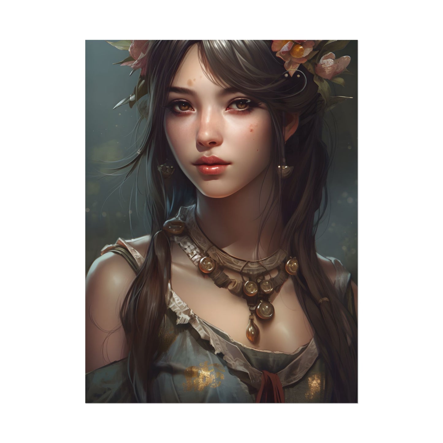 Realistic Female Portrait: Black Haired Beauty - Poster