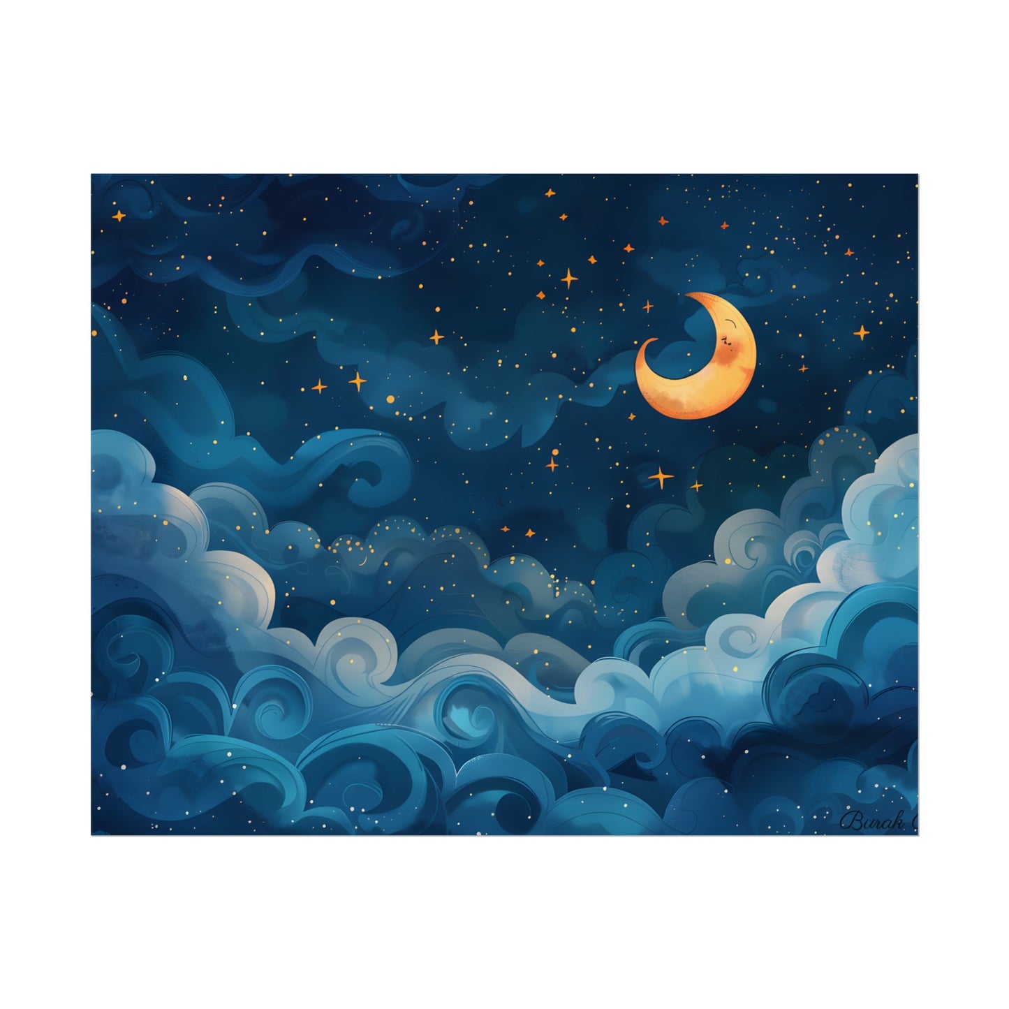 Surreal Night Sky Dreamscape: Whimsical Stars and Clouds Art - Poster