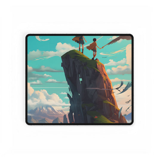 Girl and Boy in Cloudy Meadow: Outdoor Art Scene - Desk Mat