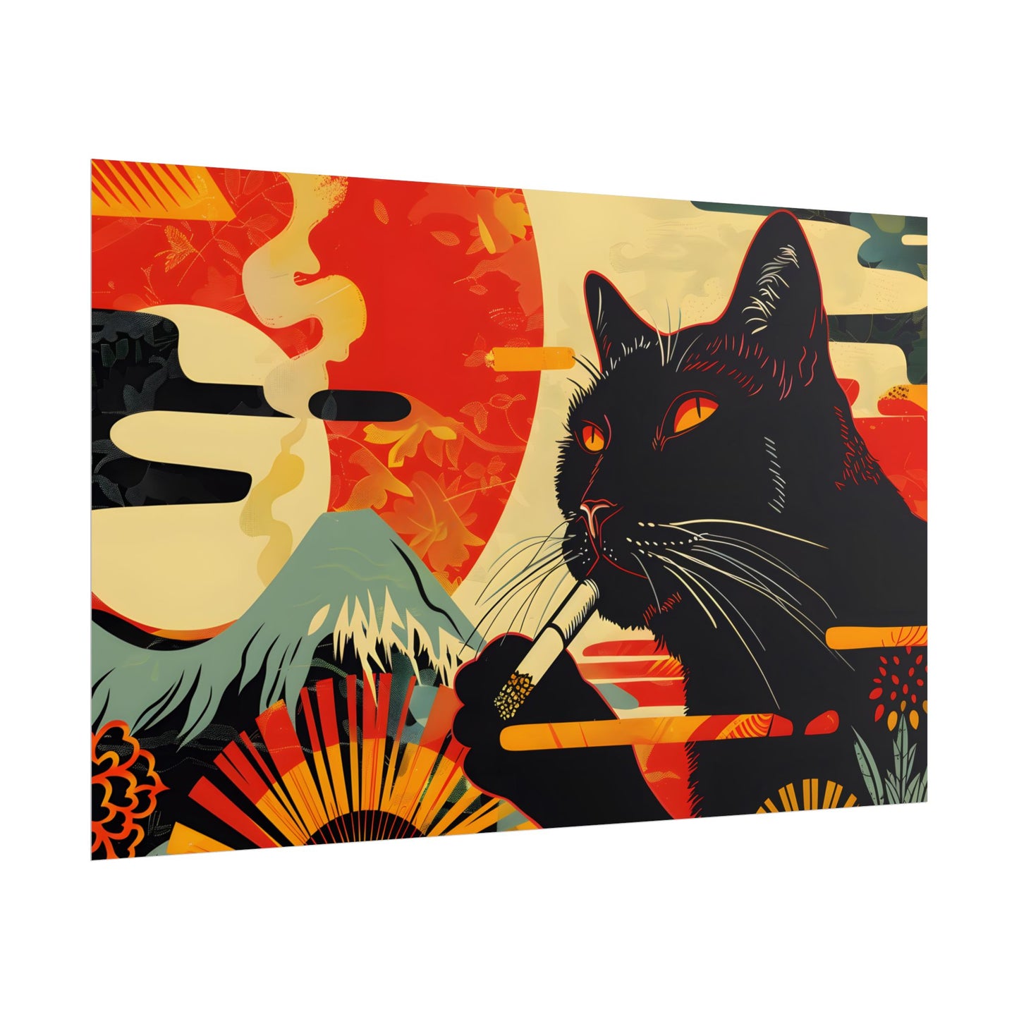 Whimsical Cat Smoking: Red & White Stripe Artwork - Poster