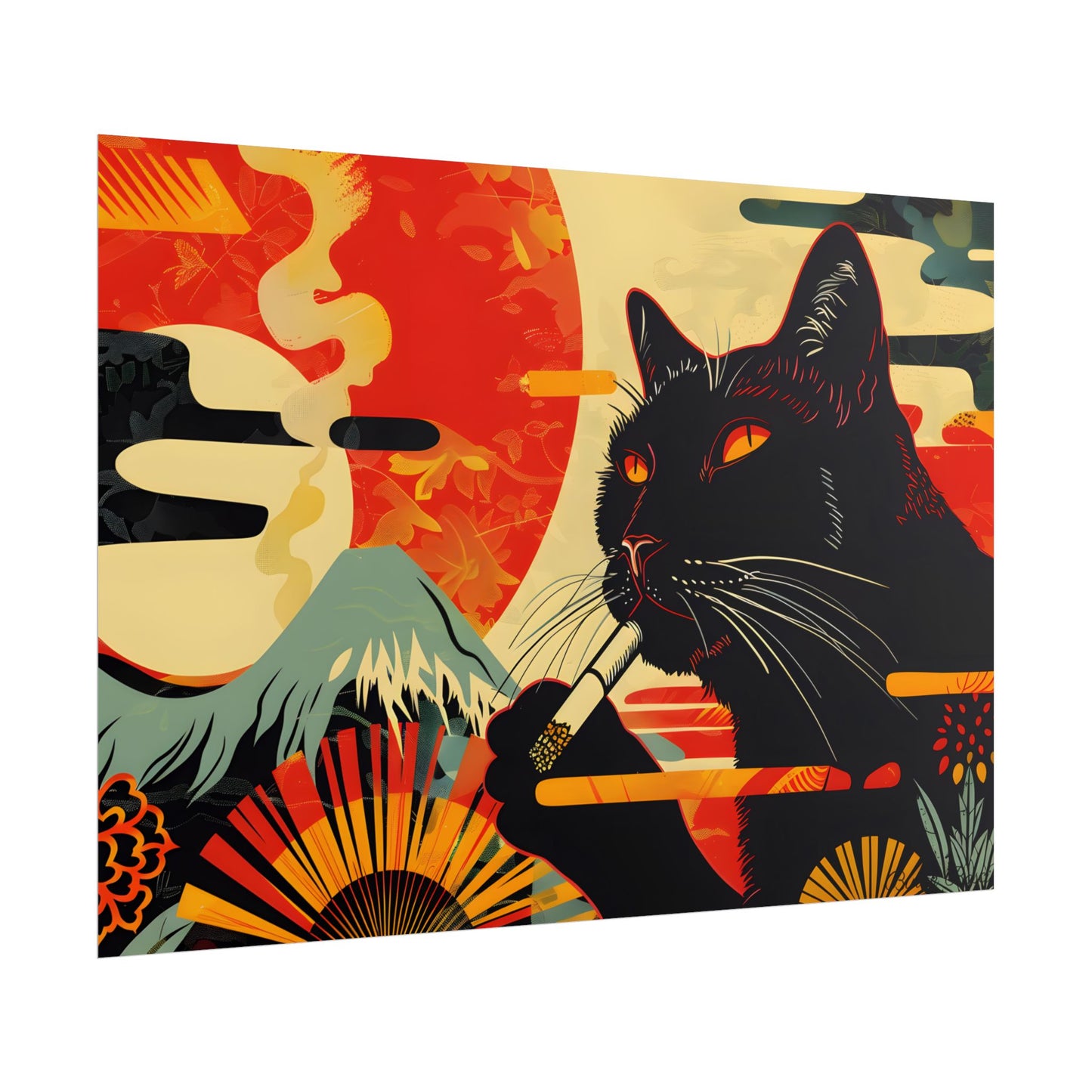 Whimsical Cat Smoking: Red & White Stripe Artwork - Poster