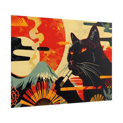 Whimsical Cat Smoking: Red & White Stripe Artwork - Poster