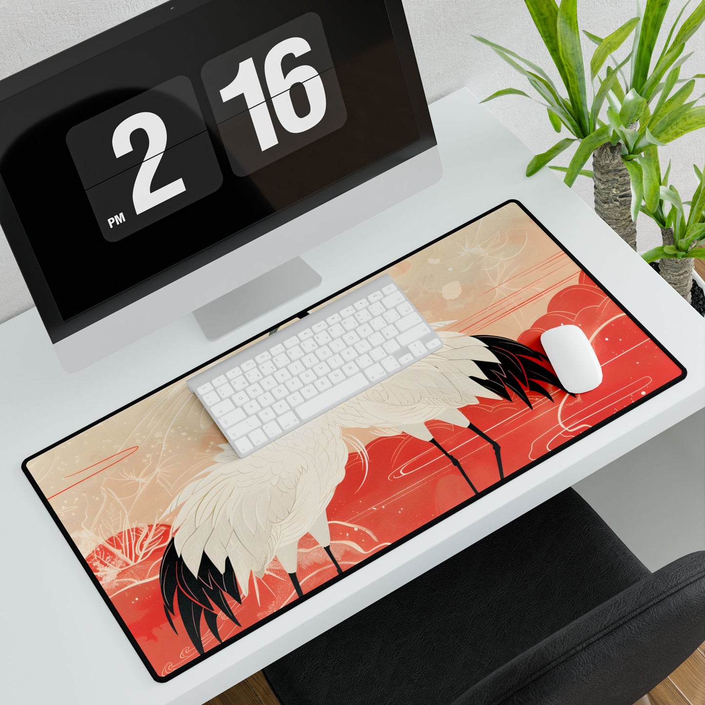 Serene Nature: Two Cranes Amidst Red and Green Landscape Art - Desk Mat