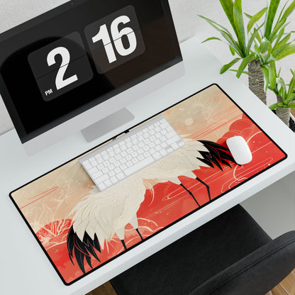 Serene Nature: Two Cranes Amidst Red and Green Landscape Art - Desk Mat