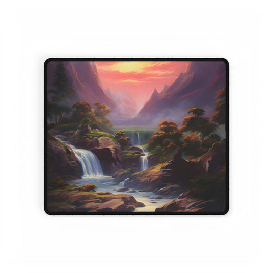 Breathtaking Waterfall Oil Painting: Lush Landscape Art - Desk Mat