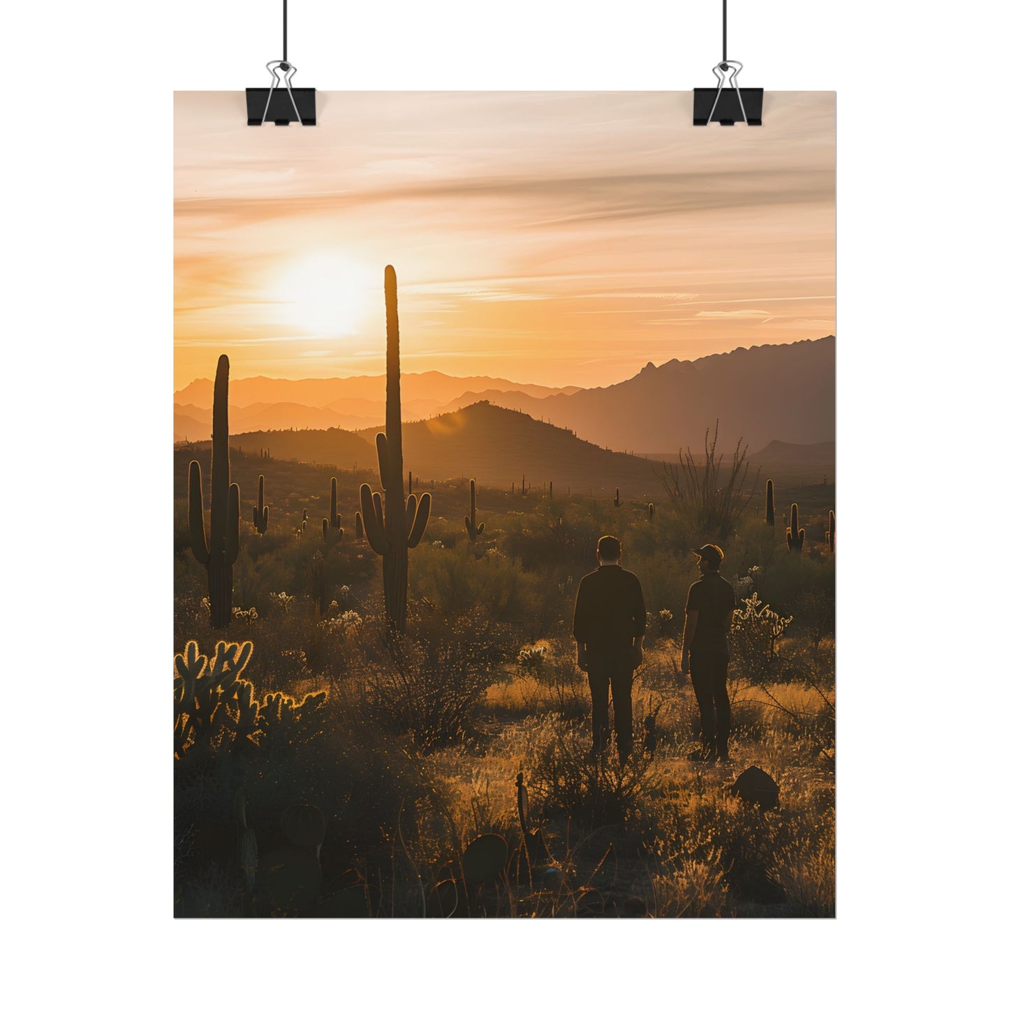 Desert Sunset Serenity: Two Friends Standing Together - Poster