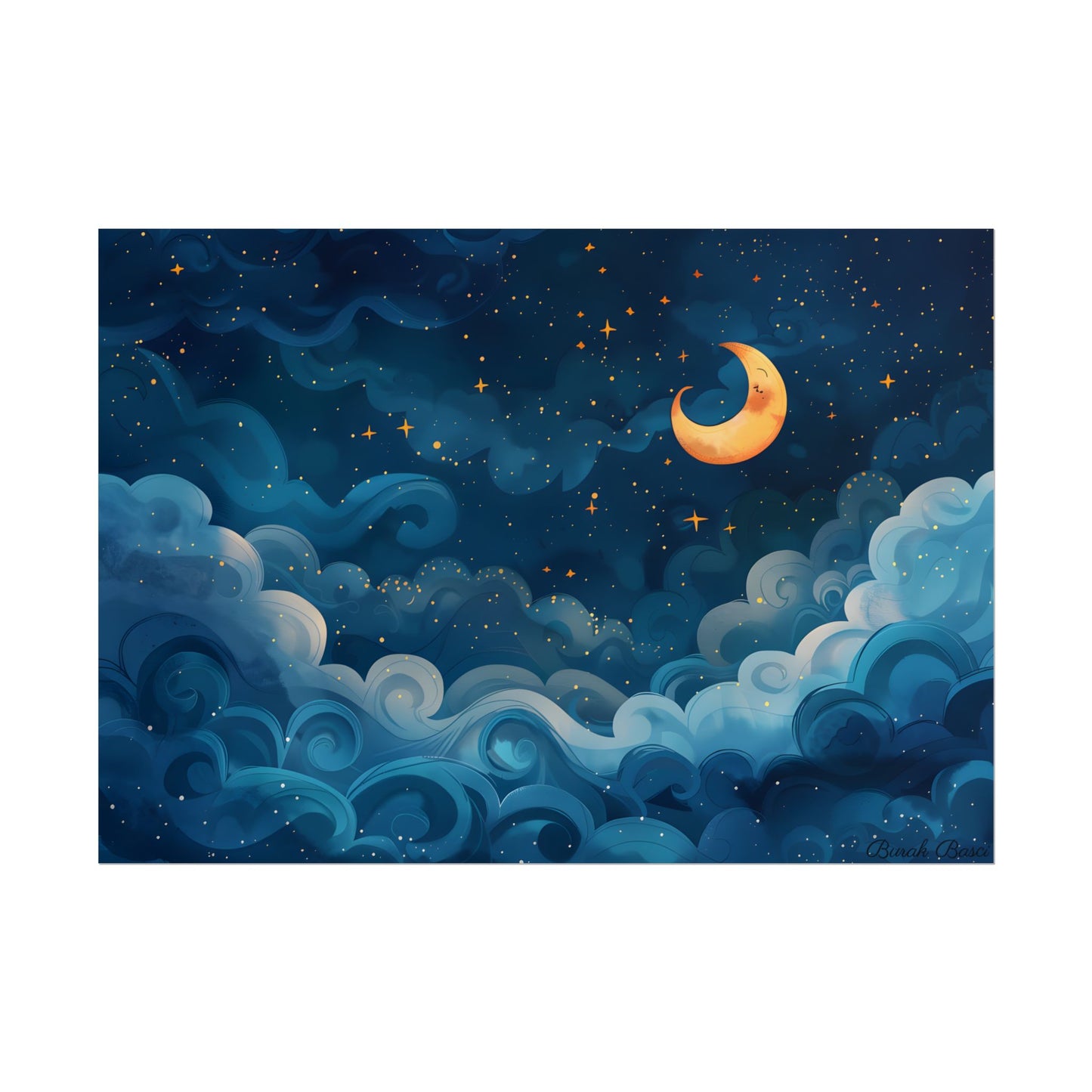 Surreal Night Sky Dreamscape: Whimsical Stars and Clouds Art - Poster