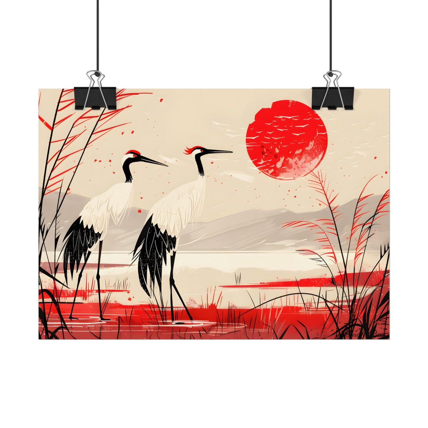 Peaceful Cranes in Serene Nature: Landscape Artwork - Poster