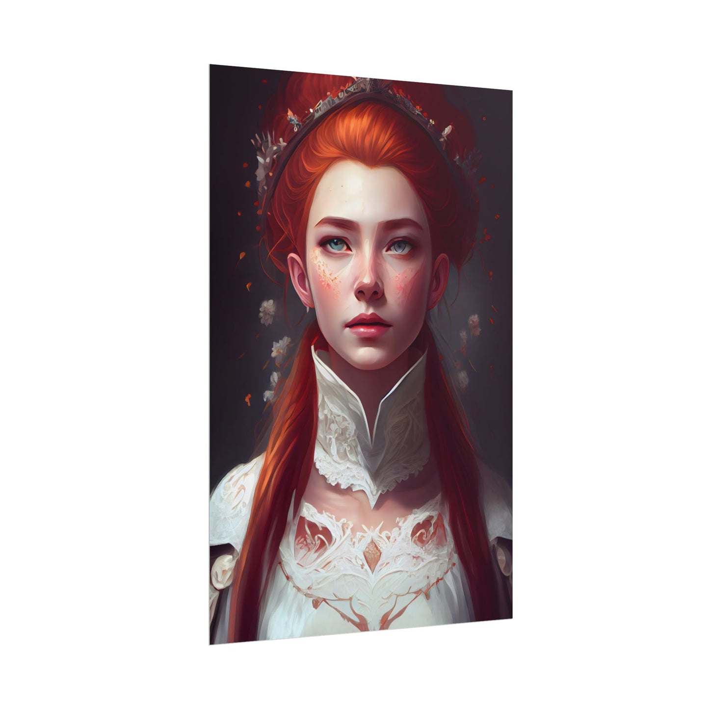 Soft Glow Redhead Portrait: Elegant Female Artwork in Dress - Poster