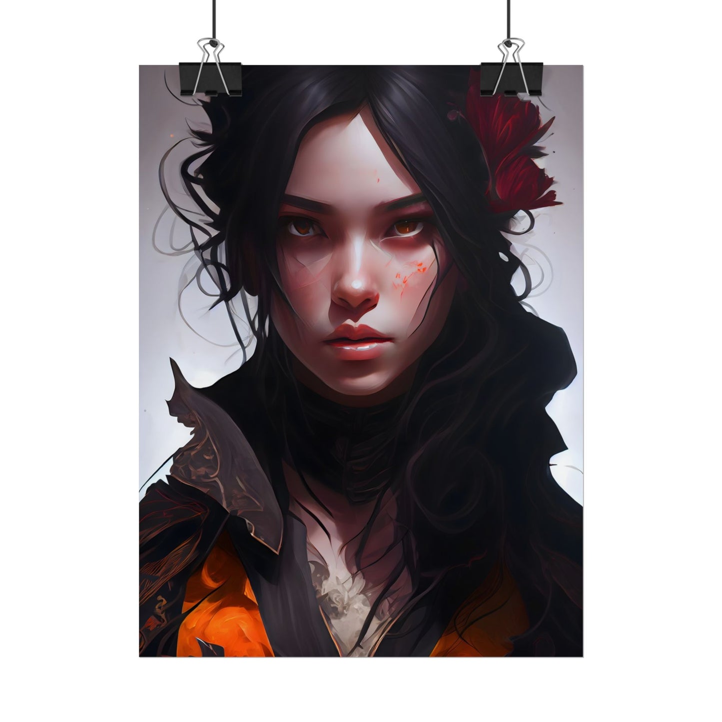 Black Hair Female Portrait: Elegant Dress Artwork - Poster