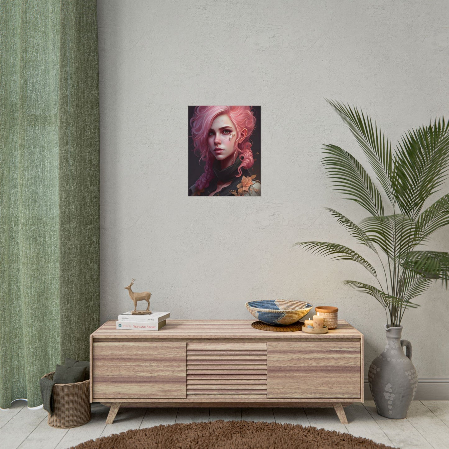 Astonishing Female Portrait: Vibrant Pink Hair in Dark Elegance - Poster
