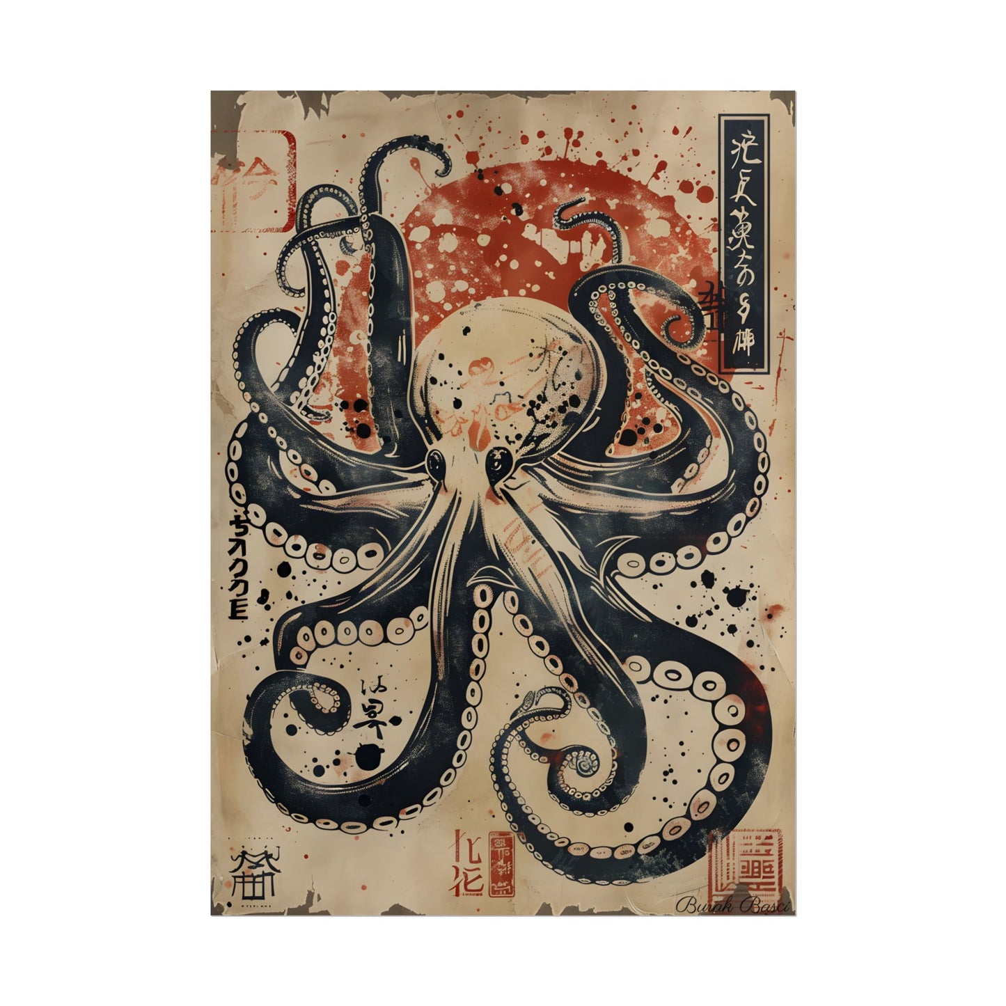 Stylized Octopus: Vibrant Japanese Ukiyo-E Artwork - Poster