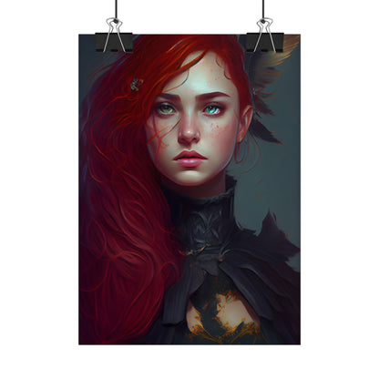 Vibrant Female Portrait: Red Hair Beauty in Neutral Dress - Poster