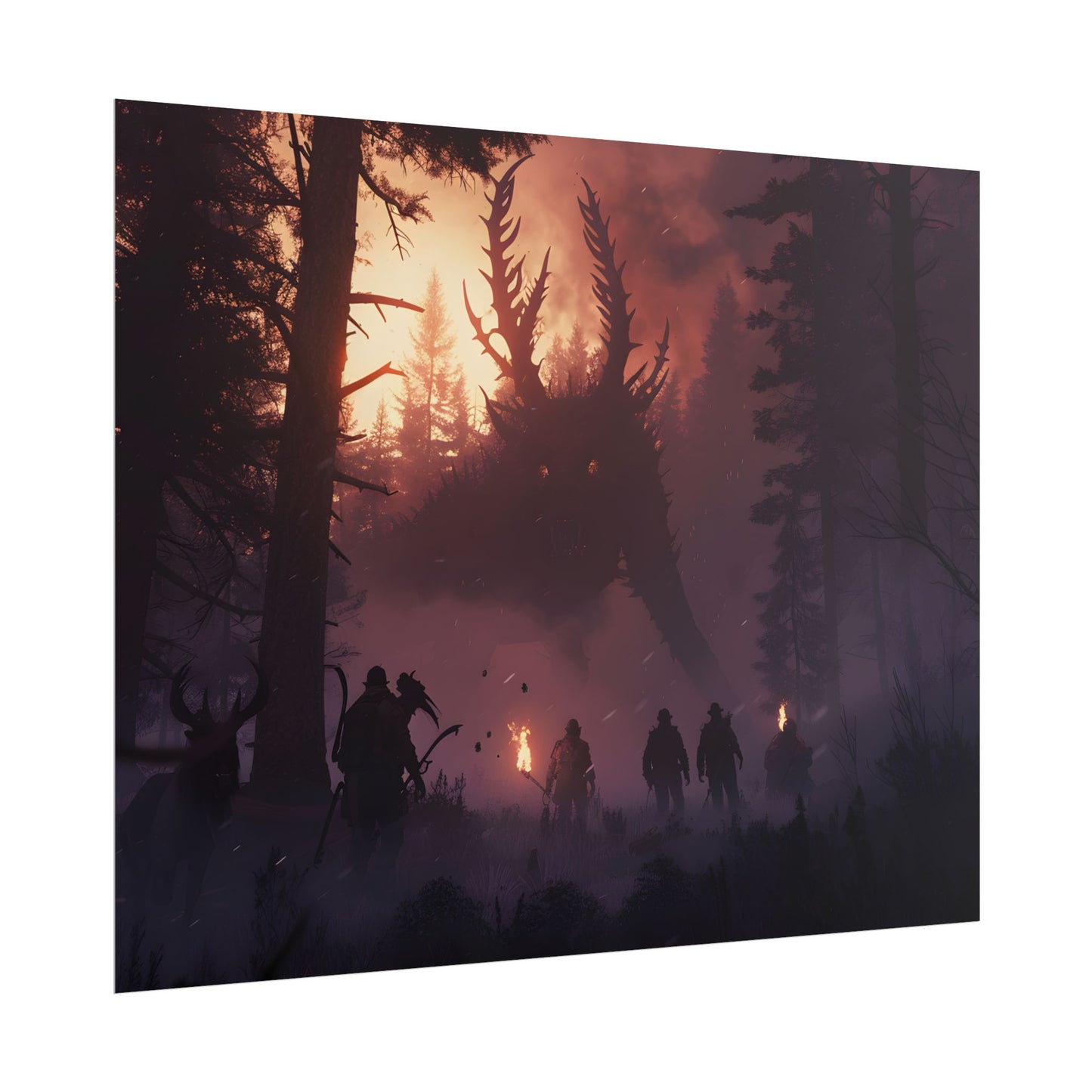 Serene Forest Sunset: Group Walking Through Misty Landscape - Poster